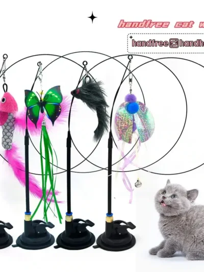 Pet Cat Toy Cat Wand Fluffy Feather with Bell Sucker Cat Stick Toy