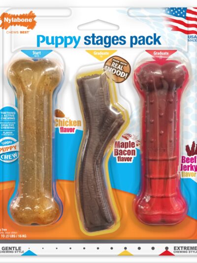 Nylabone Puppy Chew Stages Triple Pack Chewy Toys Chicken, Bacon,  Beef Jerky, 1ea/Medium/Wolf  Up To 35 Lbs. 3 ct