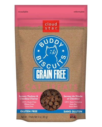Cloud Star Grain-Free Buddy Biscuits With Savory Turkey and Cheddar Cat Treats; 3oz. Bag