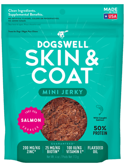 Dogswell Jerky Skin and Coat Mini Grain-Free Salmon 4oz.