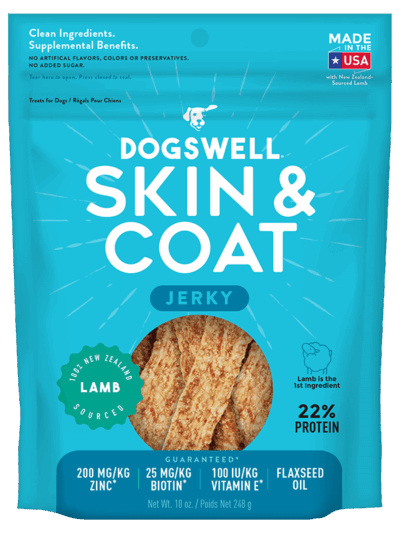 Dogswell Jerky Skin and Coat Grain-Free Lamb 10oz.