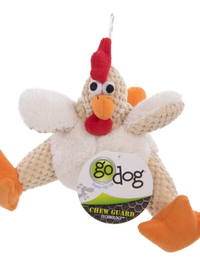 Godog Checkers Sitting Rooster Dog Toy White Small