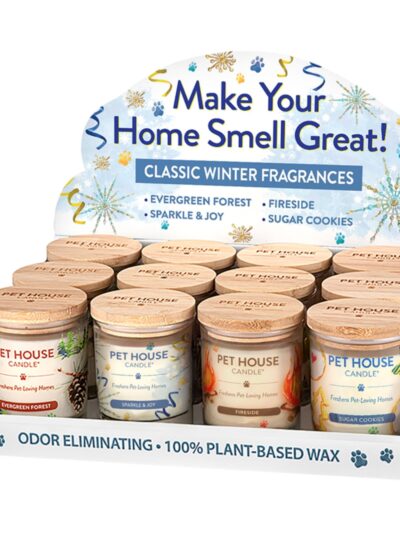 Pet House Winter 2025 Candle Display: Evergreen Forest, Sparkle & Joy, Fireside, Sugar Cookies