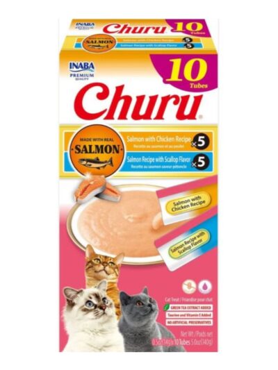 Inaba Churu Puree Cat Treats Variety Box Salmon/Chiken/Sclp .5oz.-10 Pk