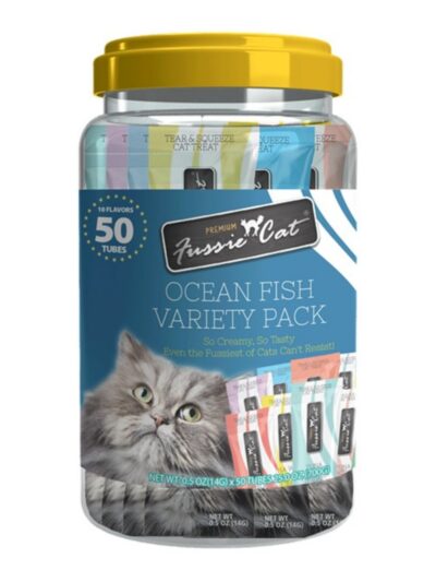 Fussie Cat Puree .5oz. Ocean Fish Variety Pack 50Ct Blue Jar
