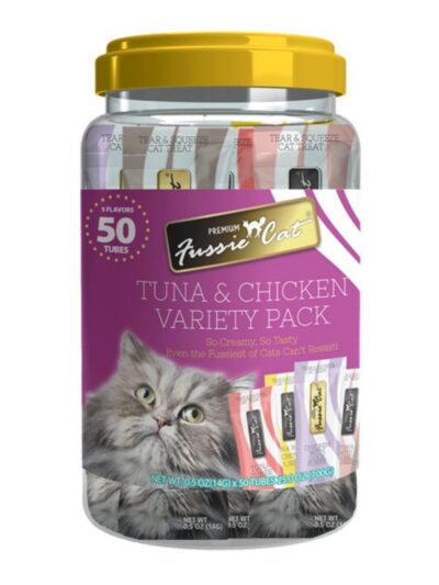 Fussie Cat Puree .5oz. Tuna Chicken Variety Pack 50Ct Purple Jar