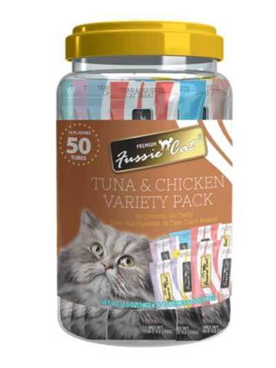 Fussie Cat Puree .5oz. Tuna Chicken Variety Pack 50Ct Tan Jar