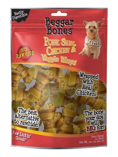 Savory Prime Beggar Bones Pork Skin, Chicken & Veggie Wraps Dog Treats 1ea/SM, 21 pk