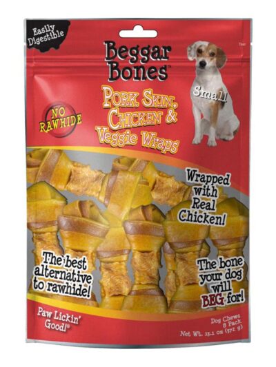 Savory Prime Beggar Bones Pork Skin, Chicken & Veggie Wraps Dog Treats 1ea/SM, 8 pk