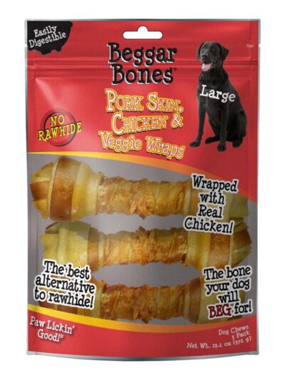 Savory Prime Beggar Bones Pork Skin, Chicken & Veggie Wraps Dog Treats 1ea/LG, 3 pk