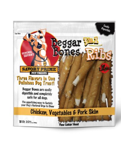 Savory Prime Beggar Bone 3in1 Ribs Dog Treat Chicken, Vegetable & Pork, 1ea/18 ct