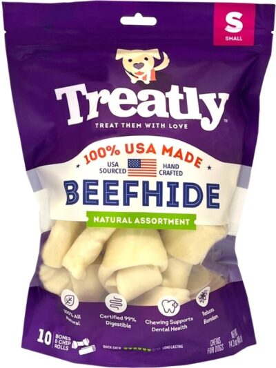 Treatly 100% USA Beefhide Bones & Rolls Natural Small-10 Pk