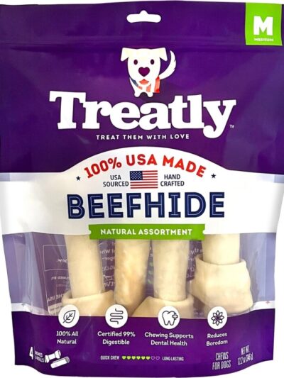 Treatly 100% USA Beefhide Bones & Rolls Natural Medium-4 Pk
